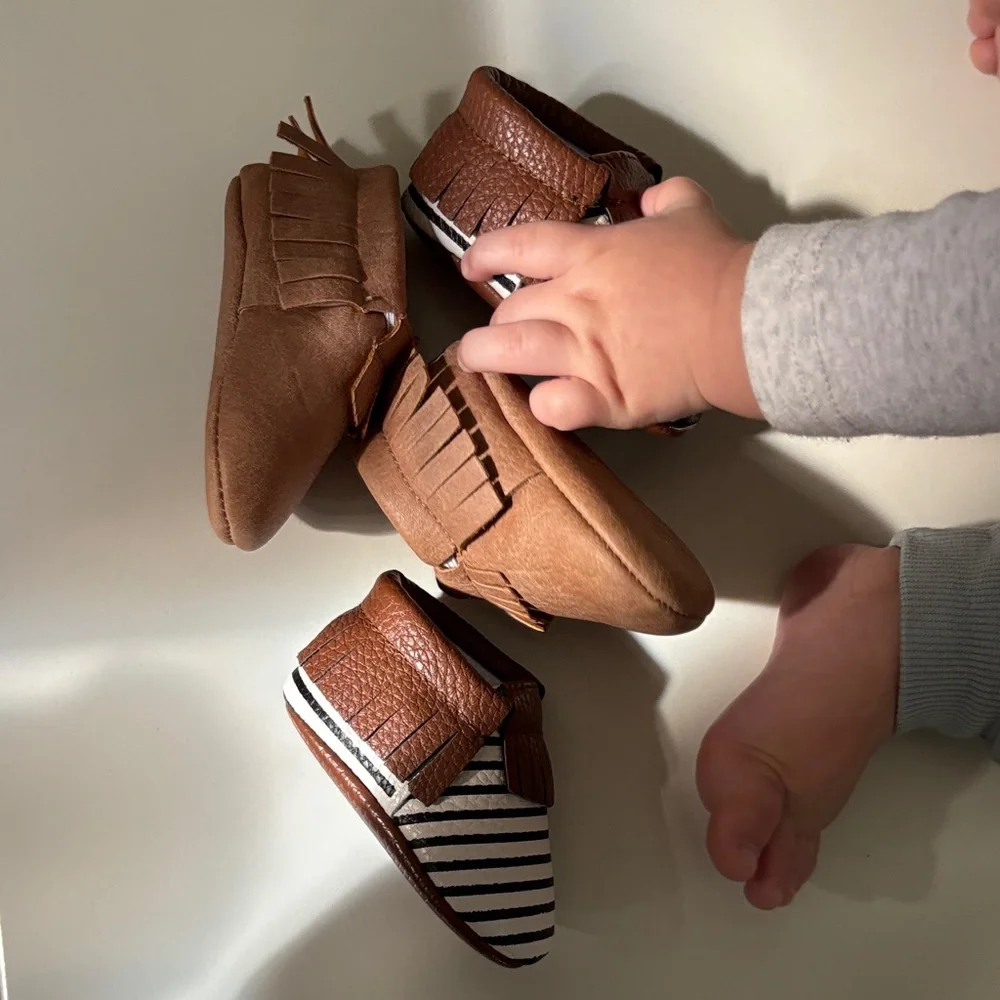 Baby Shoes Moccasins Two Pairs Size 1 Solid Brown and Blue White Striped Pair